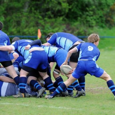 young rugby players in blue uniforms in a scrum